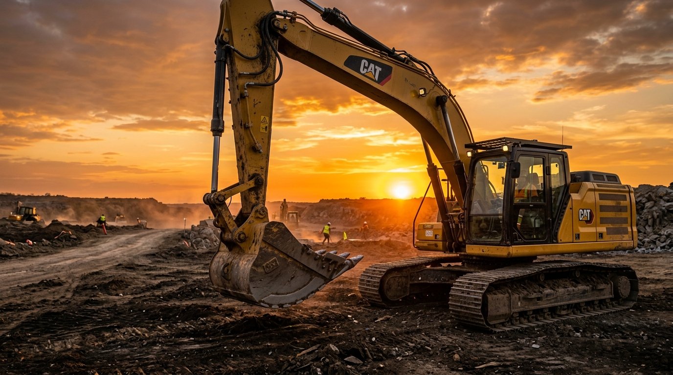 Yellow tracked excavator at a construction site at sunset
