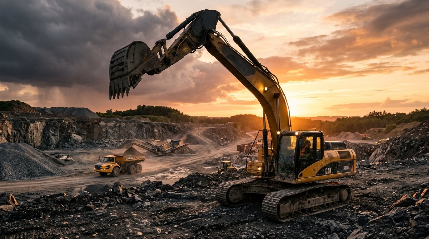 Construction excavator at earthmoving site