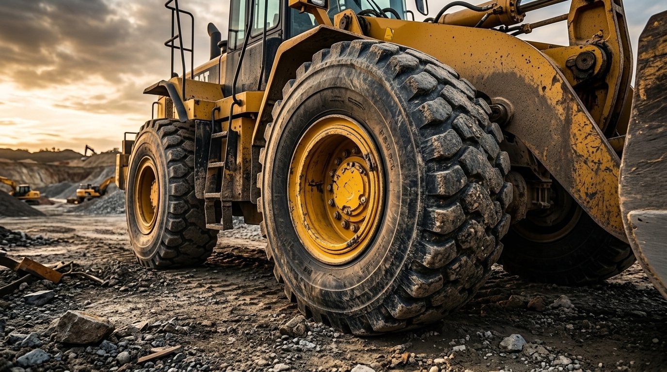 Heavy tractor loader tire close up